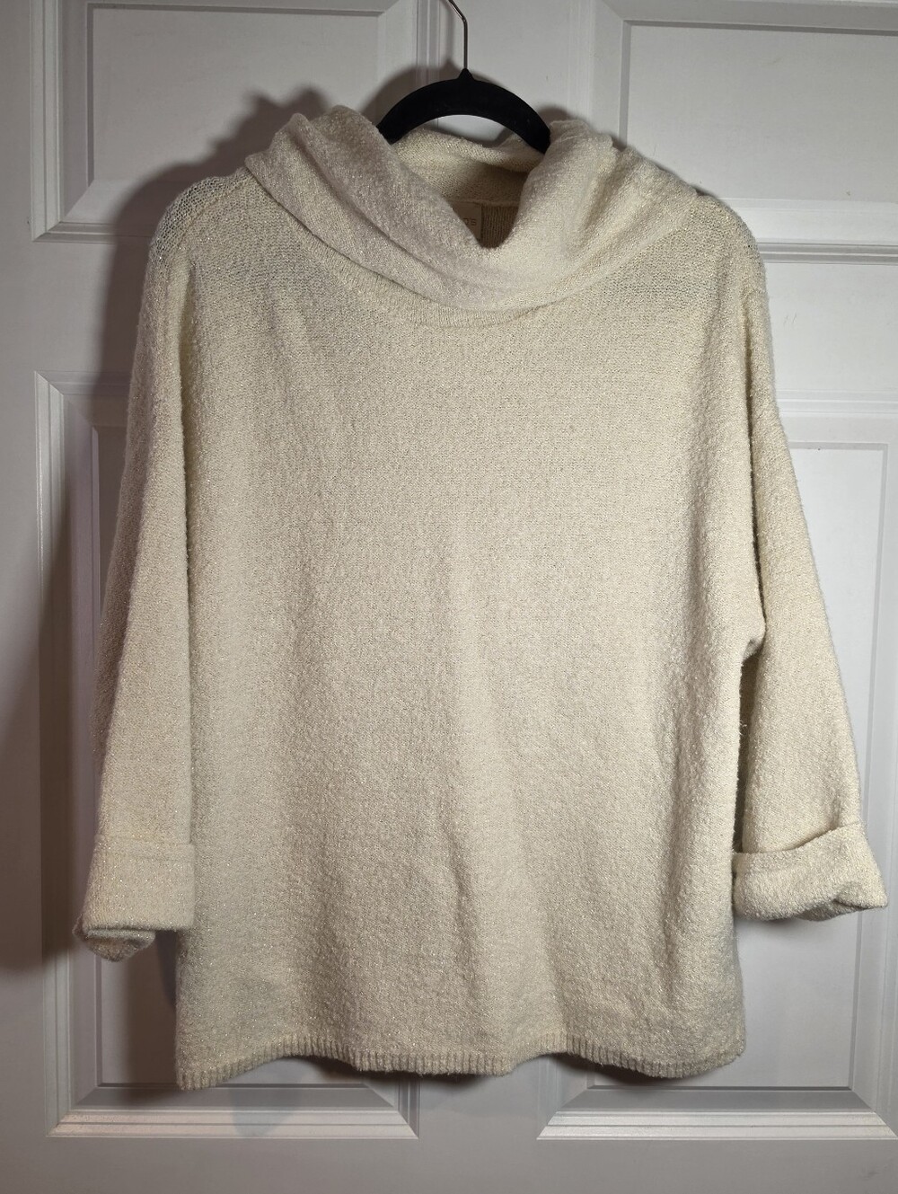 Chico's Cozy Cream Gold Sparkle Cowl Neck Sweater Acrylic Wool Blend (Chicos 1)